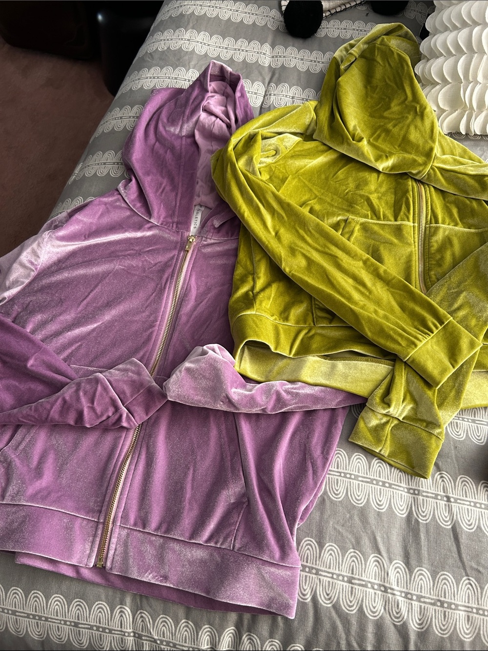 Fabletics Velvet Zip Hoodies in Lavender and Lime